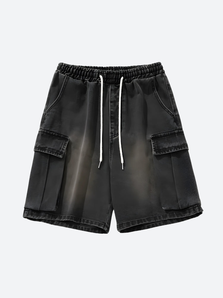 Denim Drawstring Wide Leg Cargo Shorts - KAYSMAR