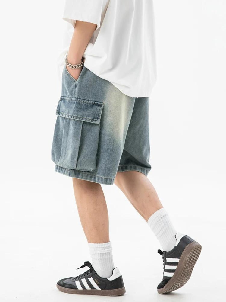 Denim Drawstring Wide Leg Cargo Shorts - KAYSMAR