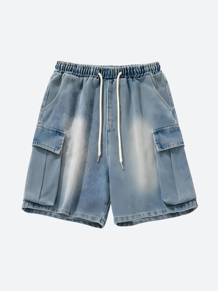 Denim Drawstring Wide Leg Cargo Shorts - KAYSMAR