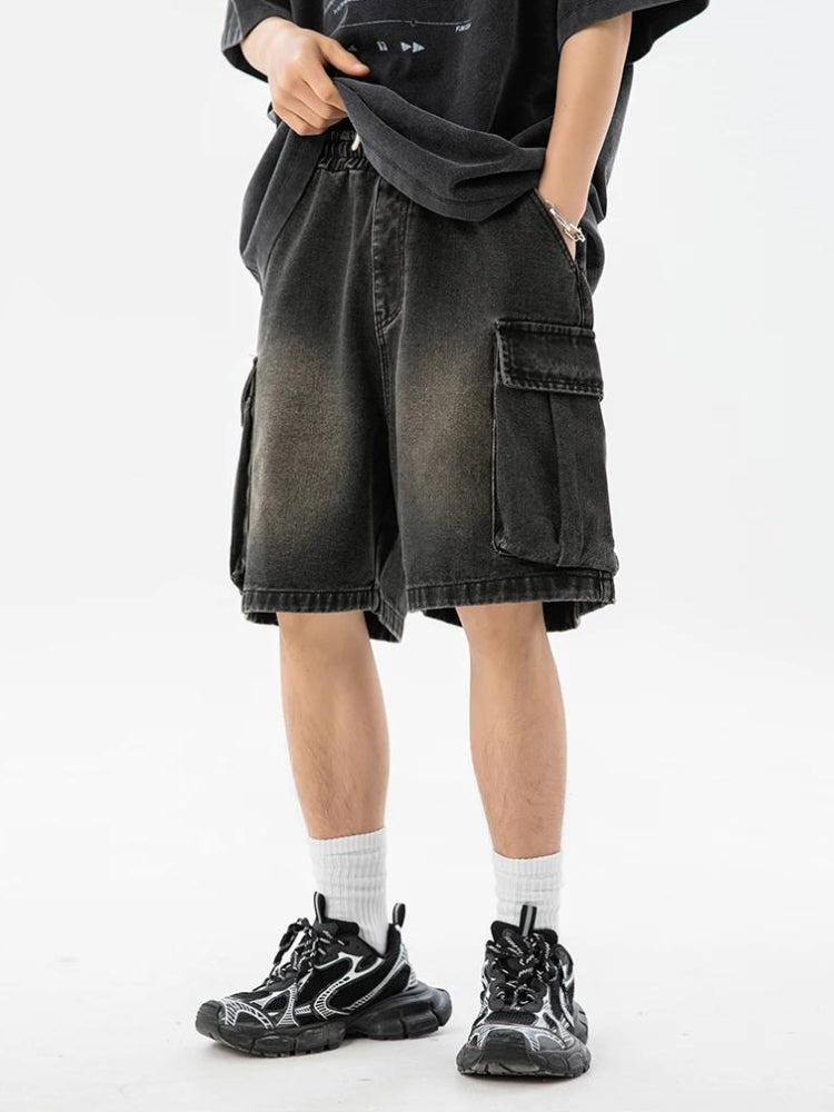 Denim Drawstring Wide Leg Cargo Shorts - KAYSMAR