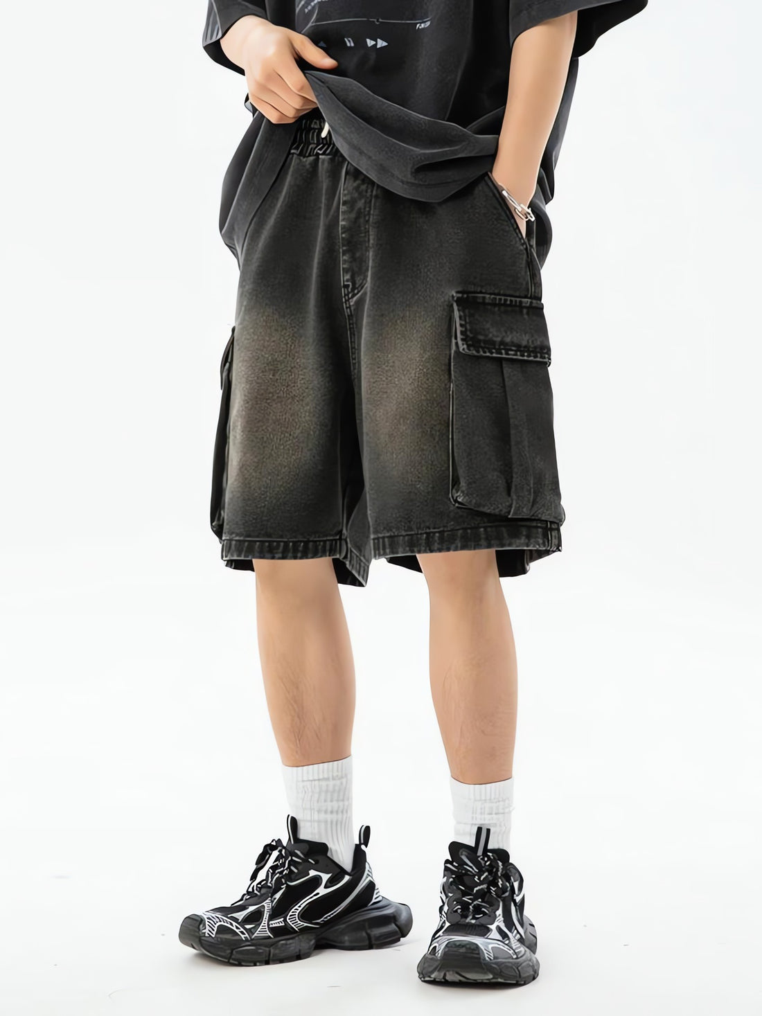Denim Drawstring Wide Leg Cargo Shorts - KAYSMAR