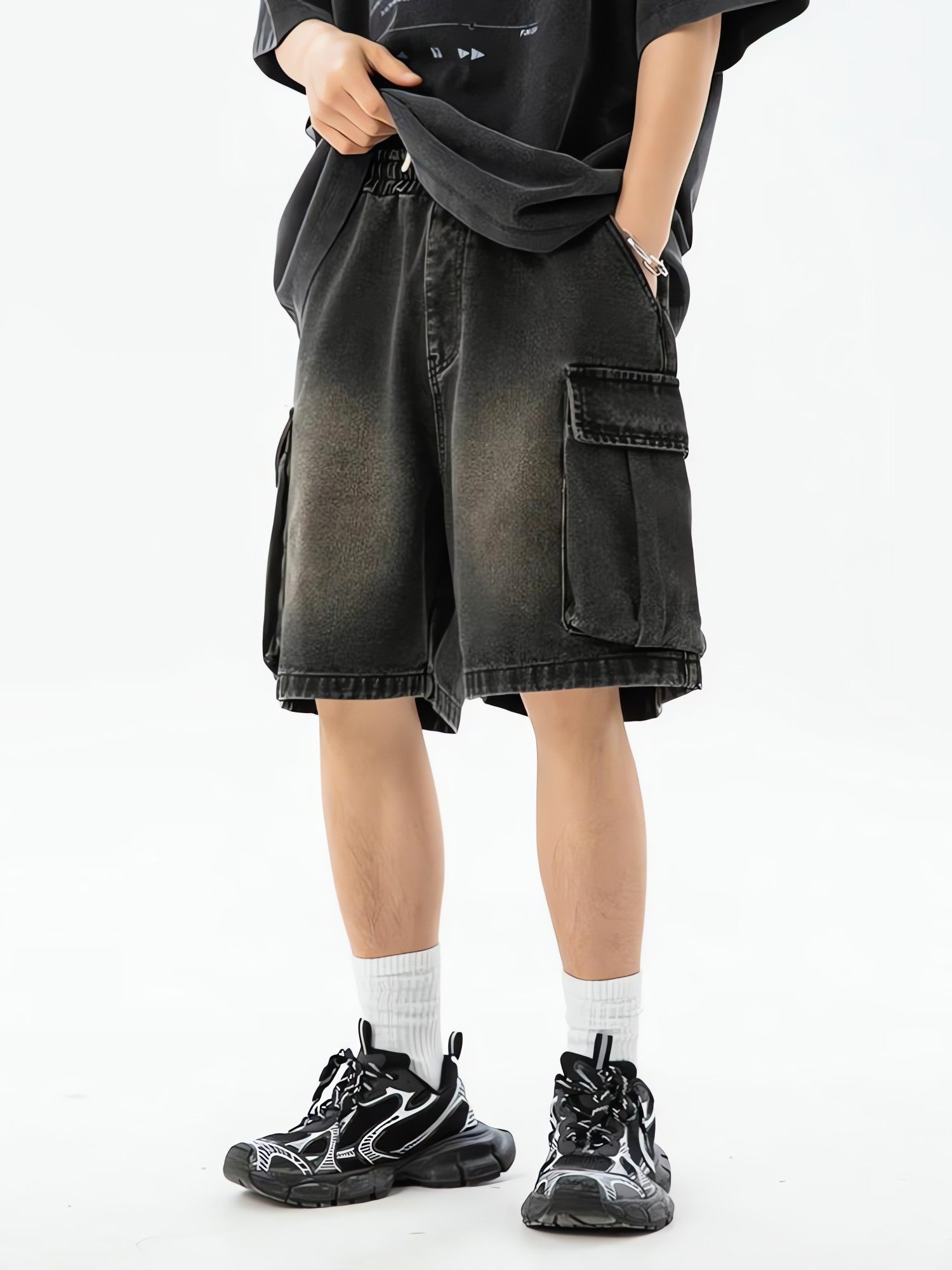 Denim Drawstring Wide Leg Cargo Shorts - KAYSMAR