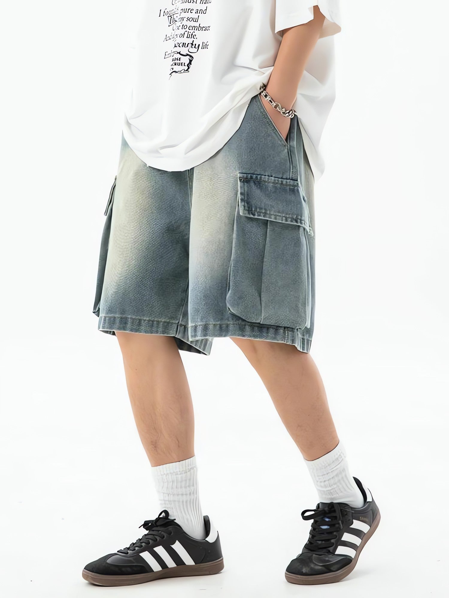 Denim Drawstring Wide Leg Cargo Shorts - KAYSMAR