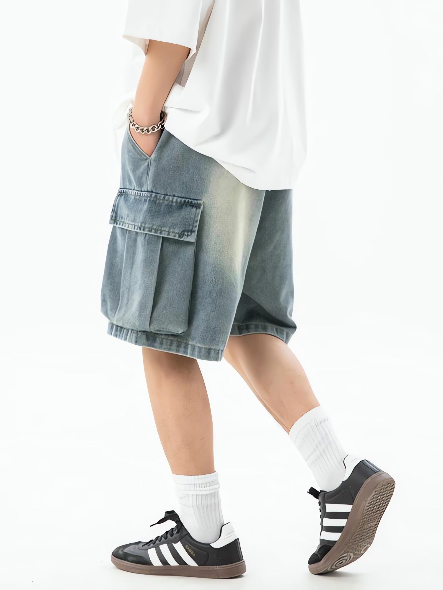 Denim Drawstring Wide Leg Cargo Shorts - KAYSMAR