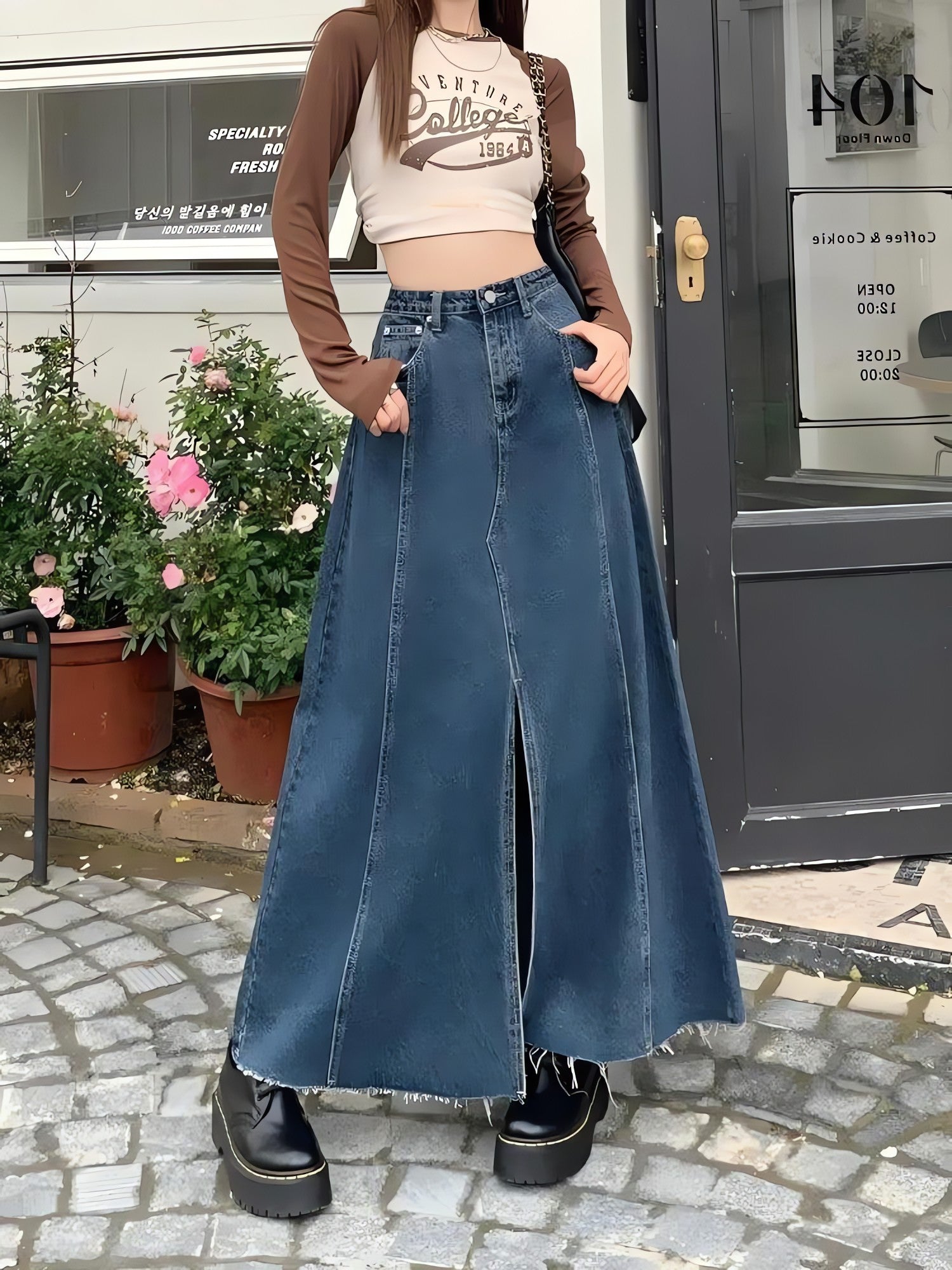 Denim Slit Frayed Hem Maxi Skirt - KAYSMAR
