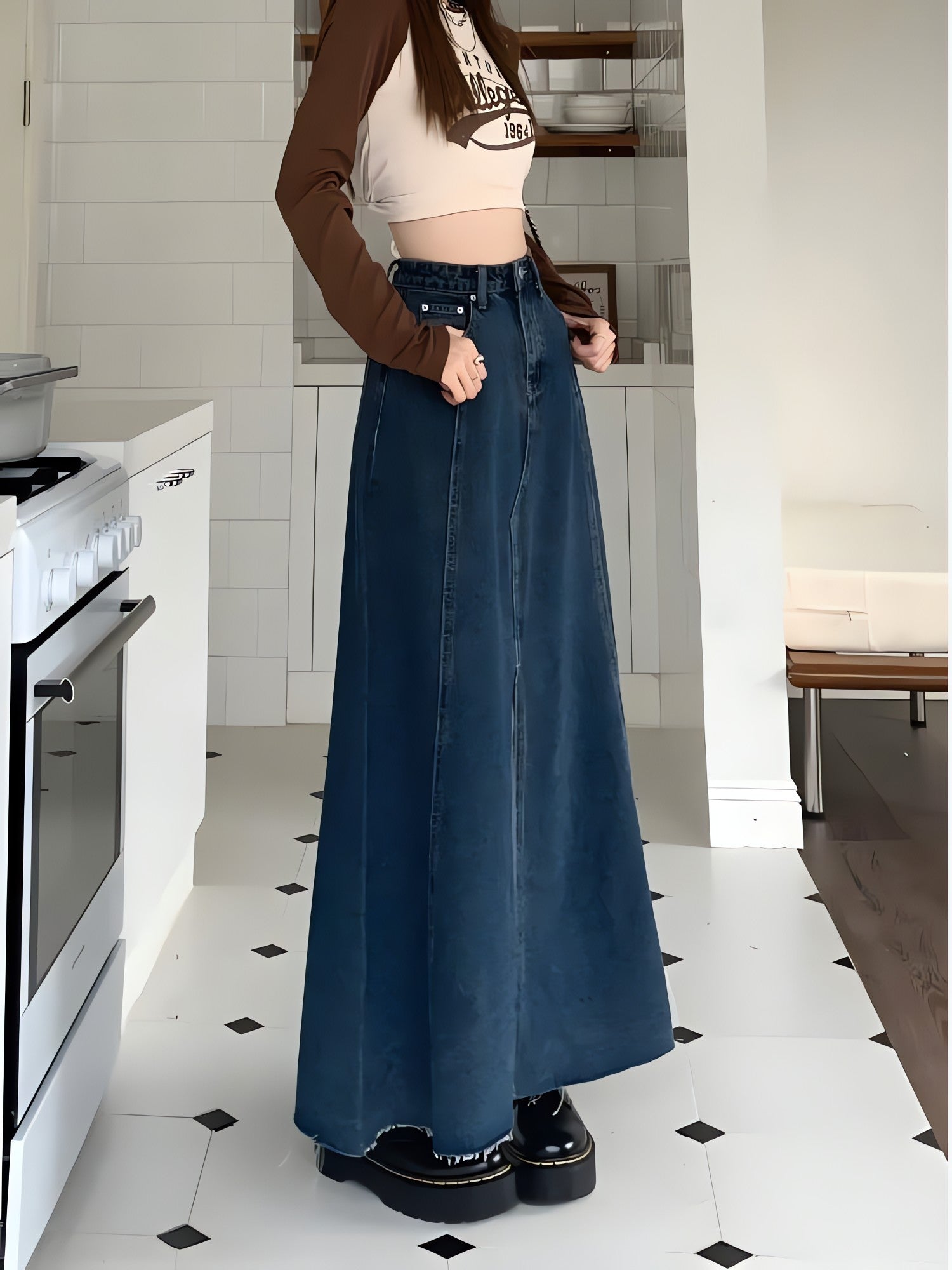 Denim Slit Frayed Hem Maxi Skirt - KAYSMAR
