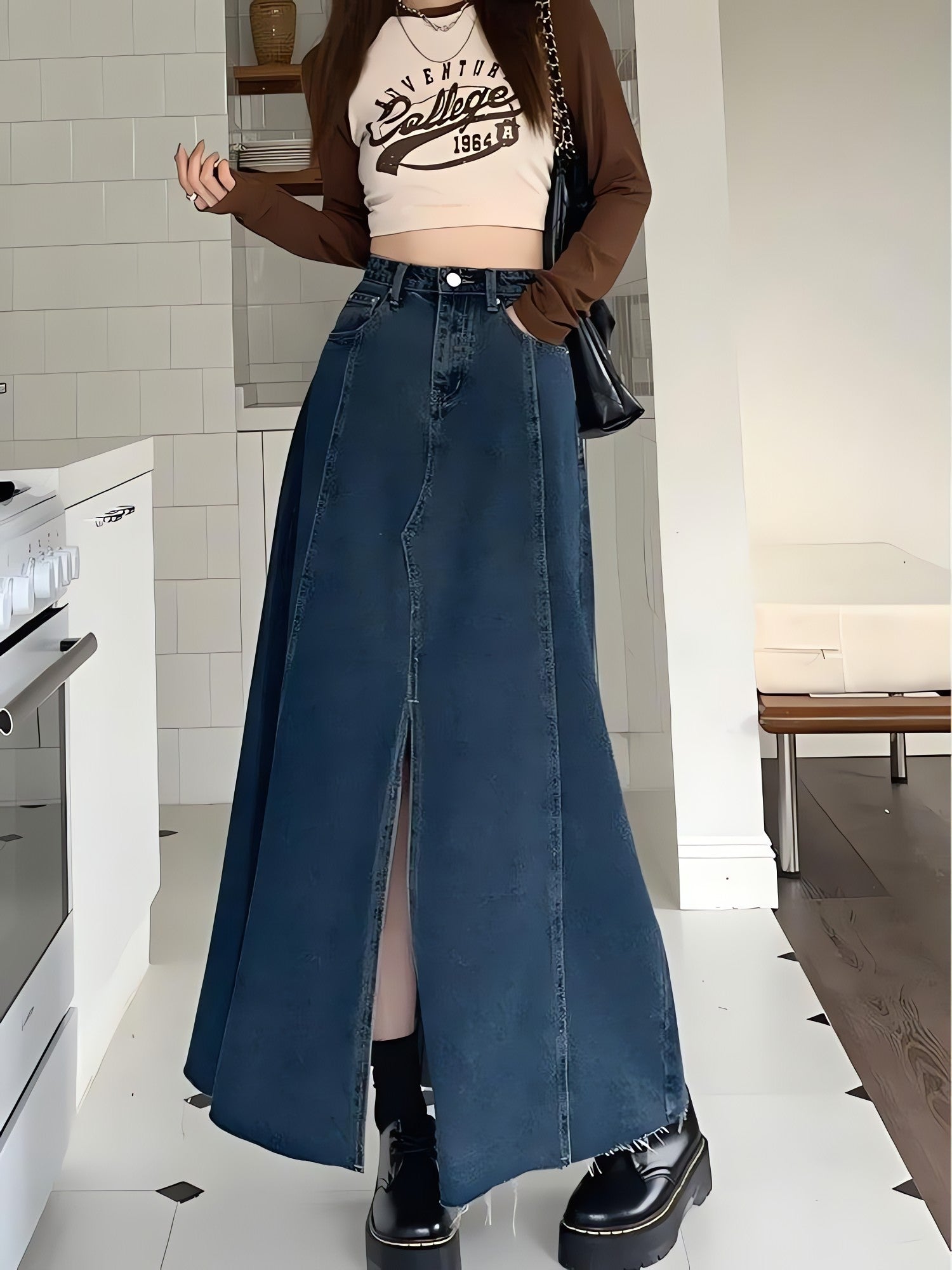 Denim Slit Frayed Hem Maxi Skirt - KAYSMAR