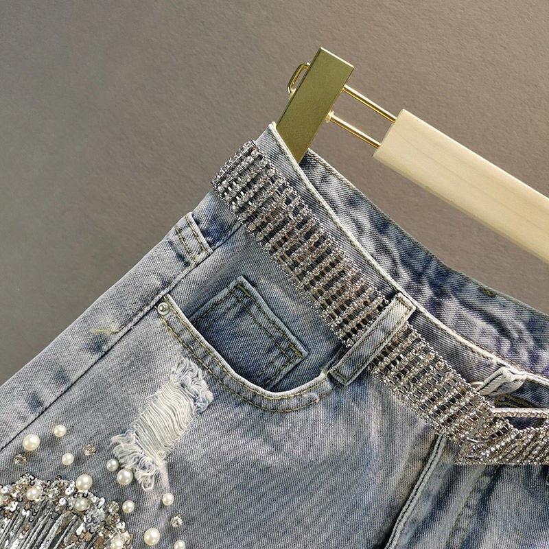 Disco Cowgirl Rhinestone Fringe Denim Shorts - KAYSMAR