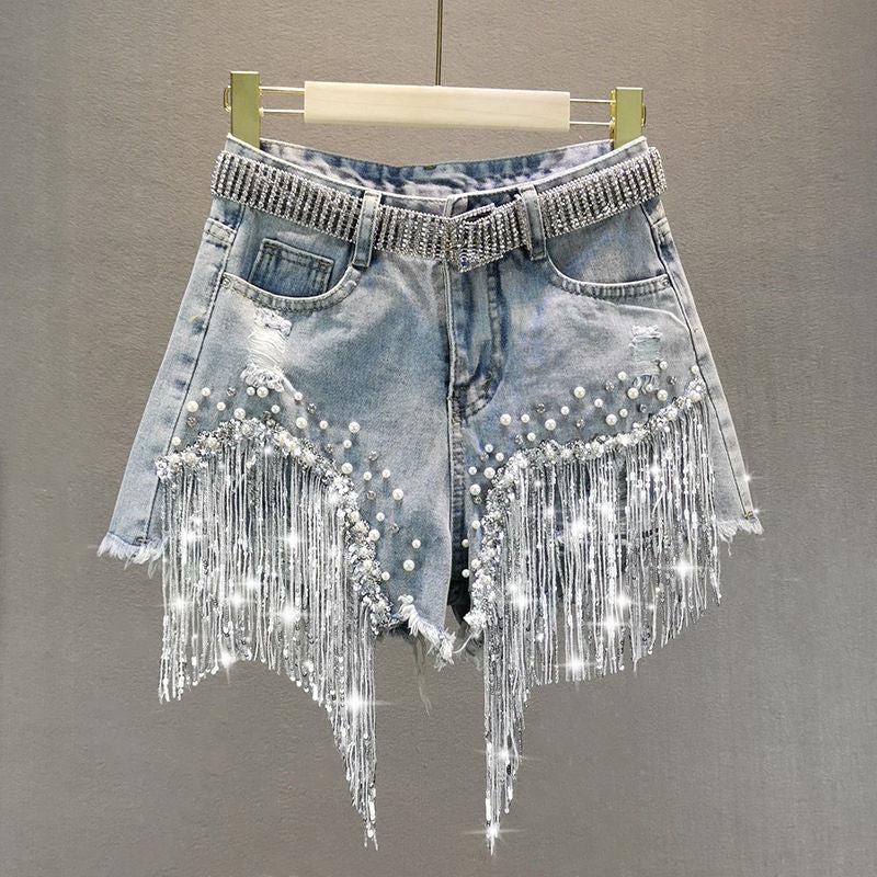 Disco Cowgirl Rhinestone Fringe Denim Shorts - KAYSMAR