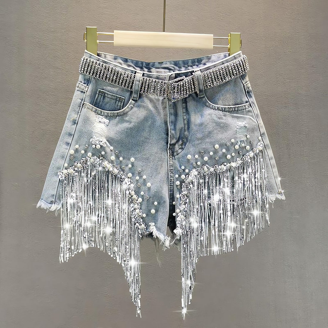 Disco Cowgirl Rhinestone Fringe Denim Shorts - KAYSMAR
