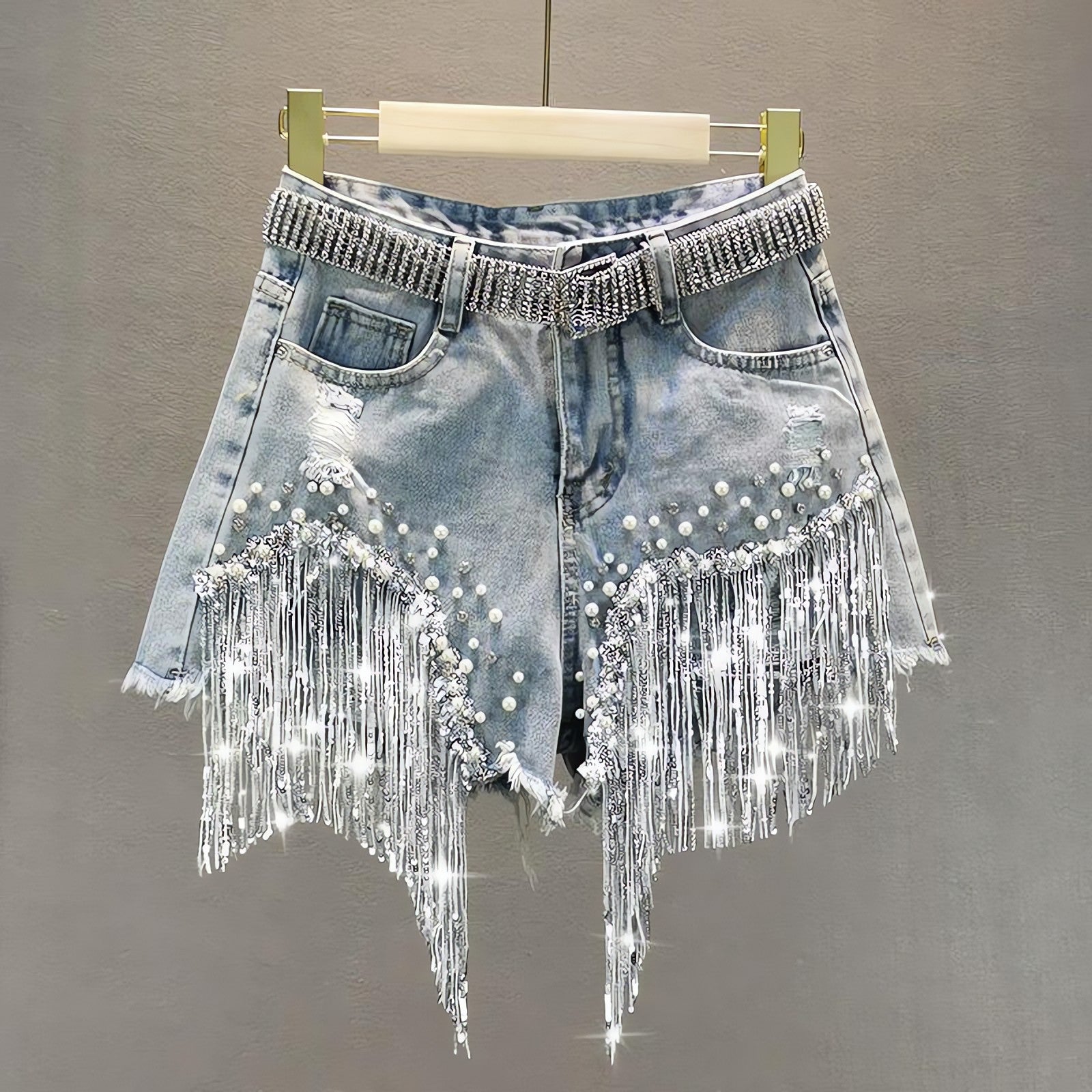 Disco Cowgirl Rhinestone Fringe Denim Shorts - KAYSMAR