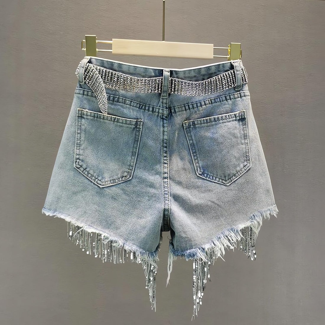 Disco Cowgirl Rhinestone Fringe Denim Shorts - KAYSMAR