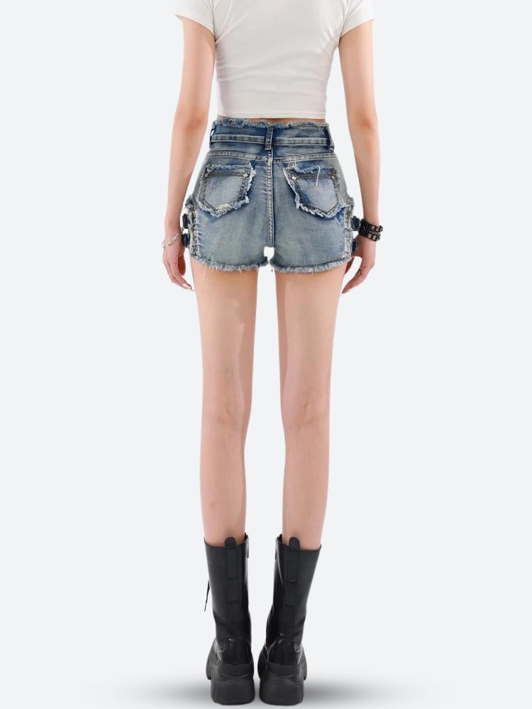Distressed Cut Out Denim Shorts - KAYSMAR