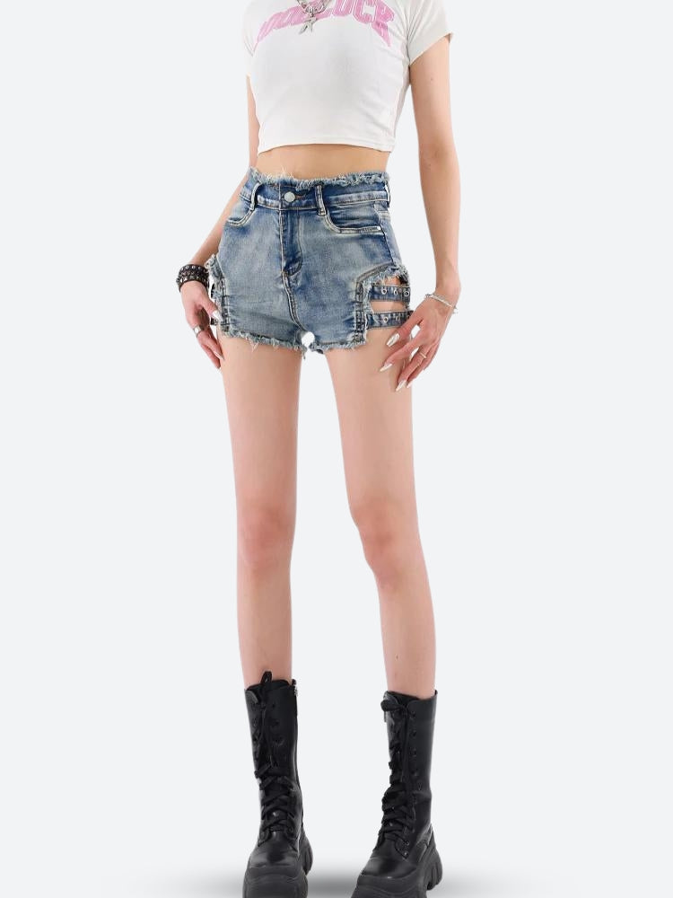 Distressed Cut Out Denim Shorts - KAYSMAR
