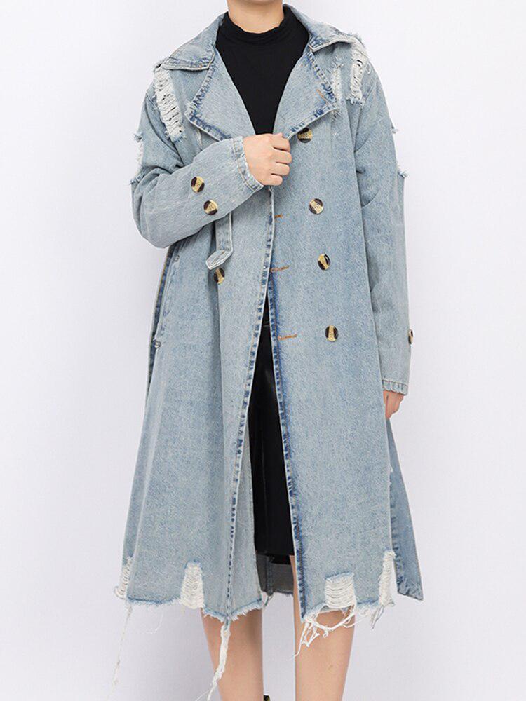 Distressed Denim Trench Coat - KAYSMAR