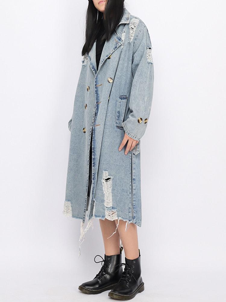 Distressed Denim Trench Coat - KAYSMAR