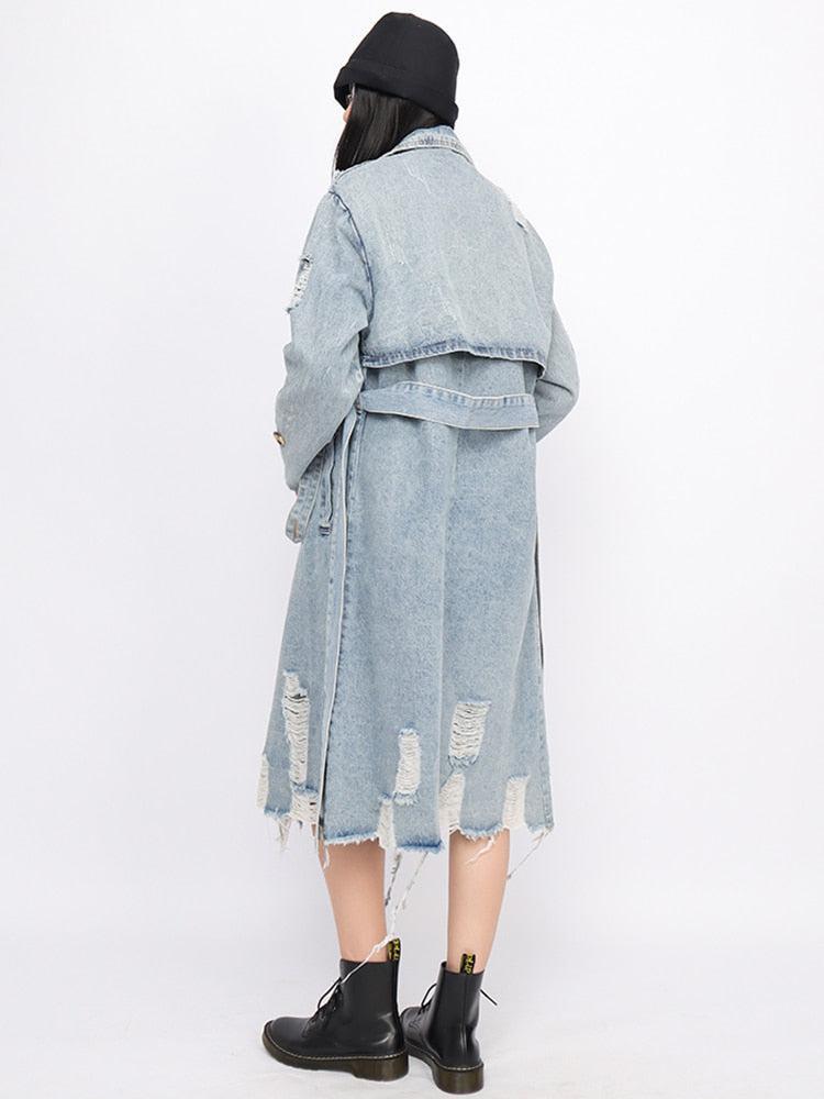 Distressed Denim Trench Coat - KAYSMAR