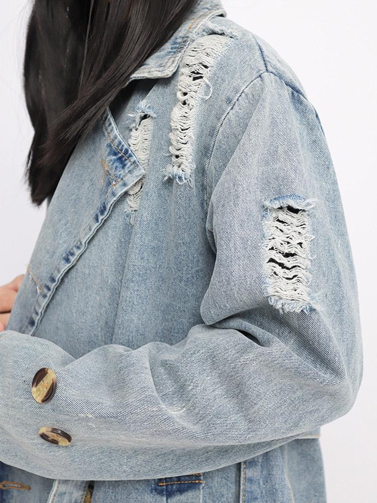 Distressed Denim Trench Coat - KAYSMAR