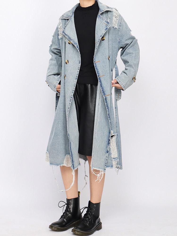 Distressed Denim Trench Coat - KAYSMAR