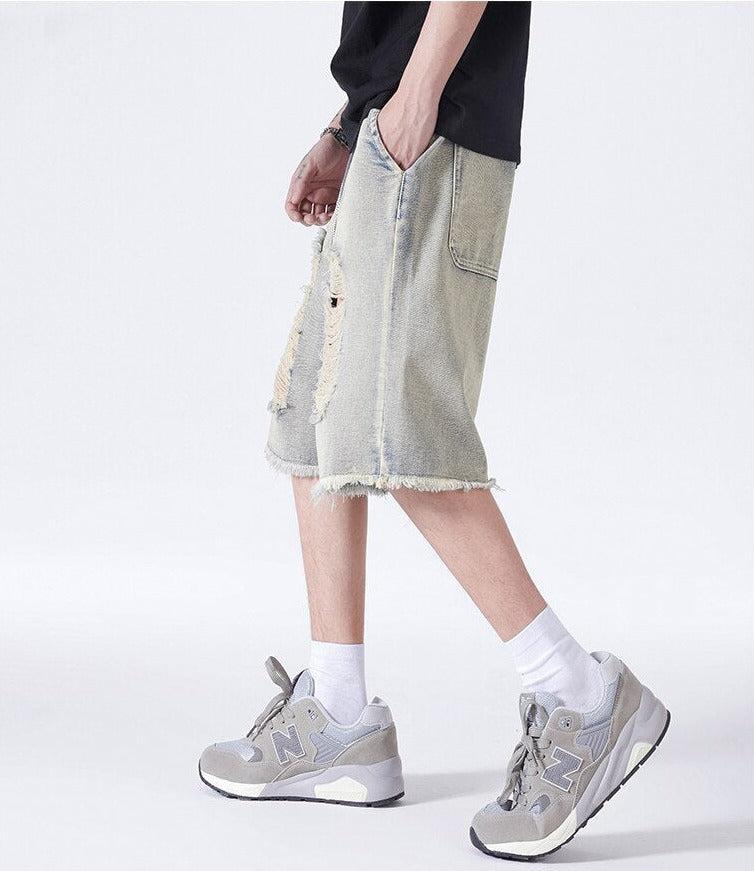 Distressed Light Wash Denim Shorts - KAYSMAR