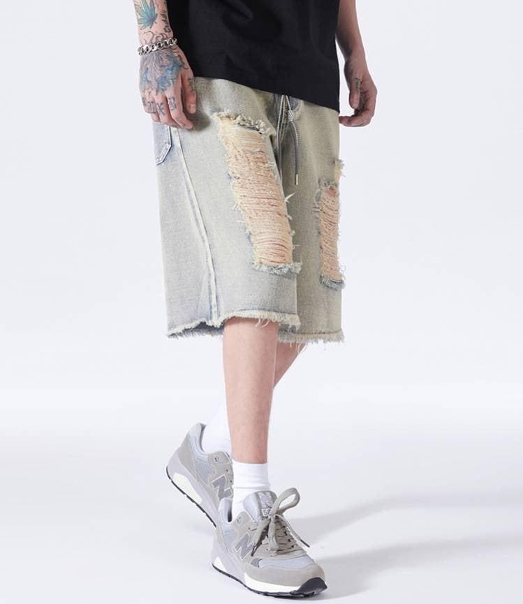 Distressed Light Wash Denim Shorts - KAYSMAR