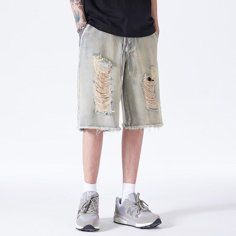 Distressed Light Wash Denim Shorts - KAYSMAR
