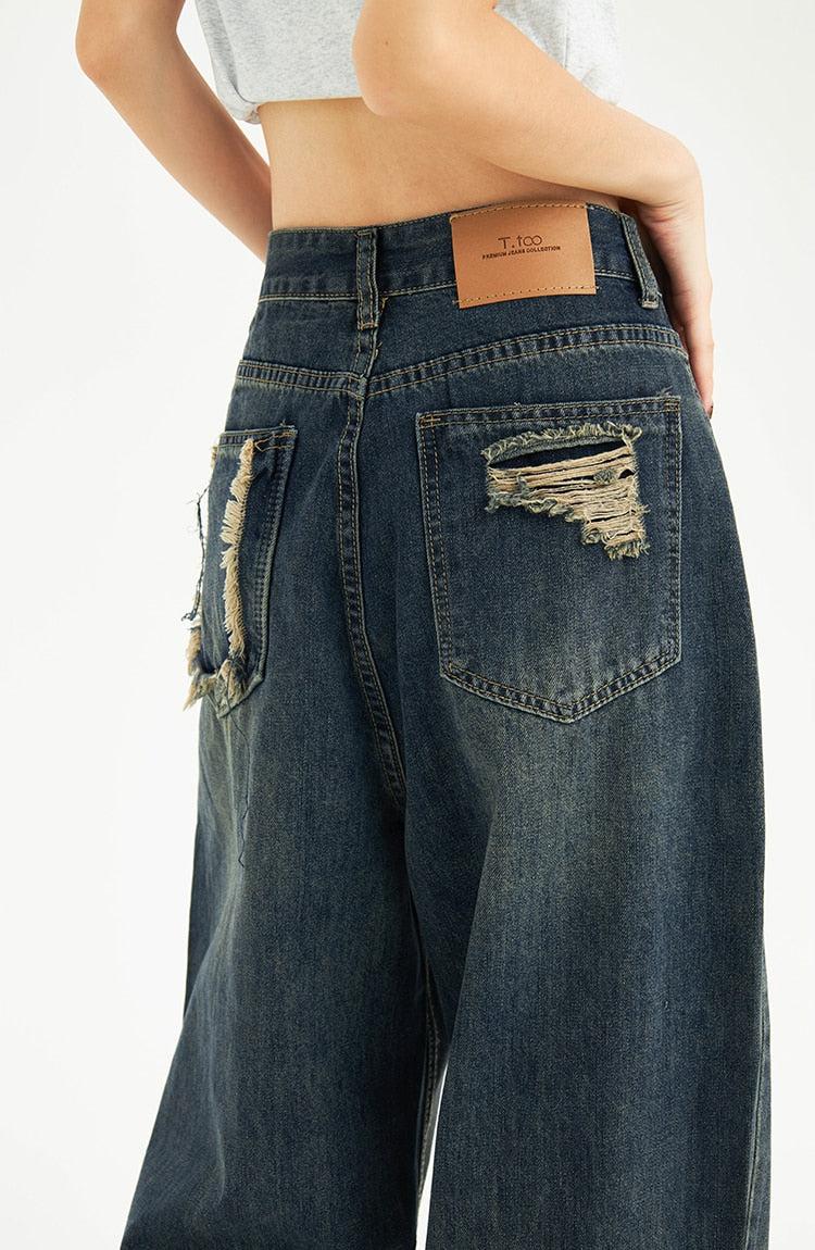 Distressed Pockets Wide Leg Baggy Jeans - KAYSMAR