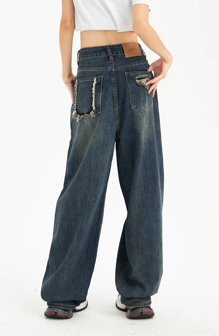 Distressed Pockets Wide Leg Baggy Jeans - KAYSMAR