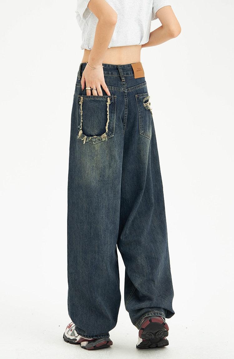Distressed Pockets Wide Leg Baggy Jeans - KAYSMAR