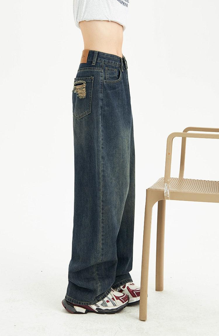 Distressed Pockets Wide Leg Baggy Jeans - KAYSMAR