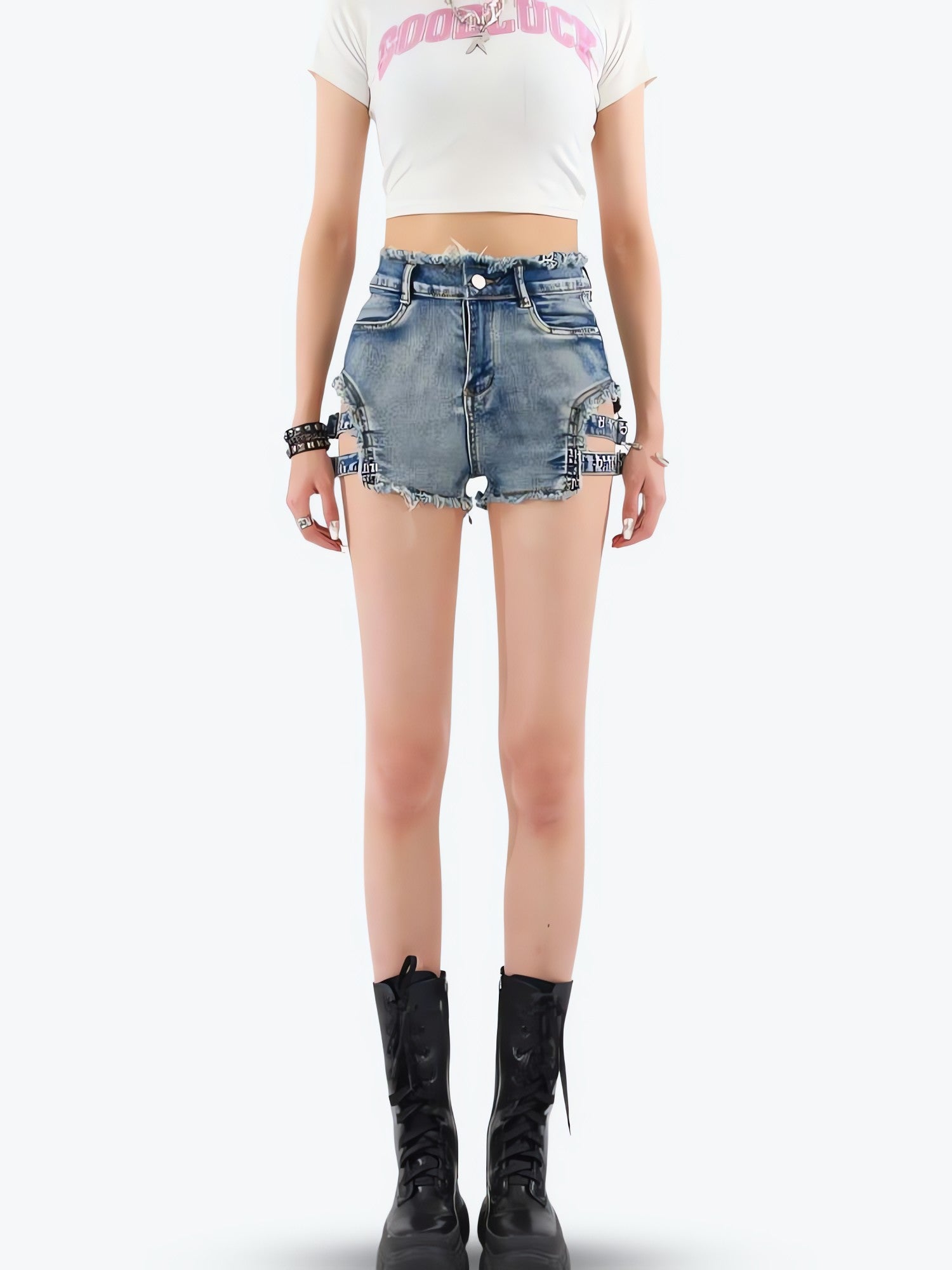 Distressed Cut Out Denim Shorts - KAYSMAR