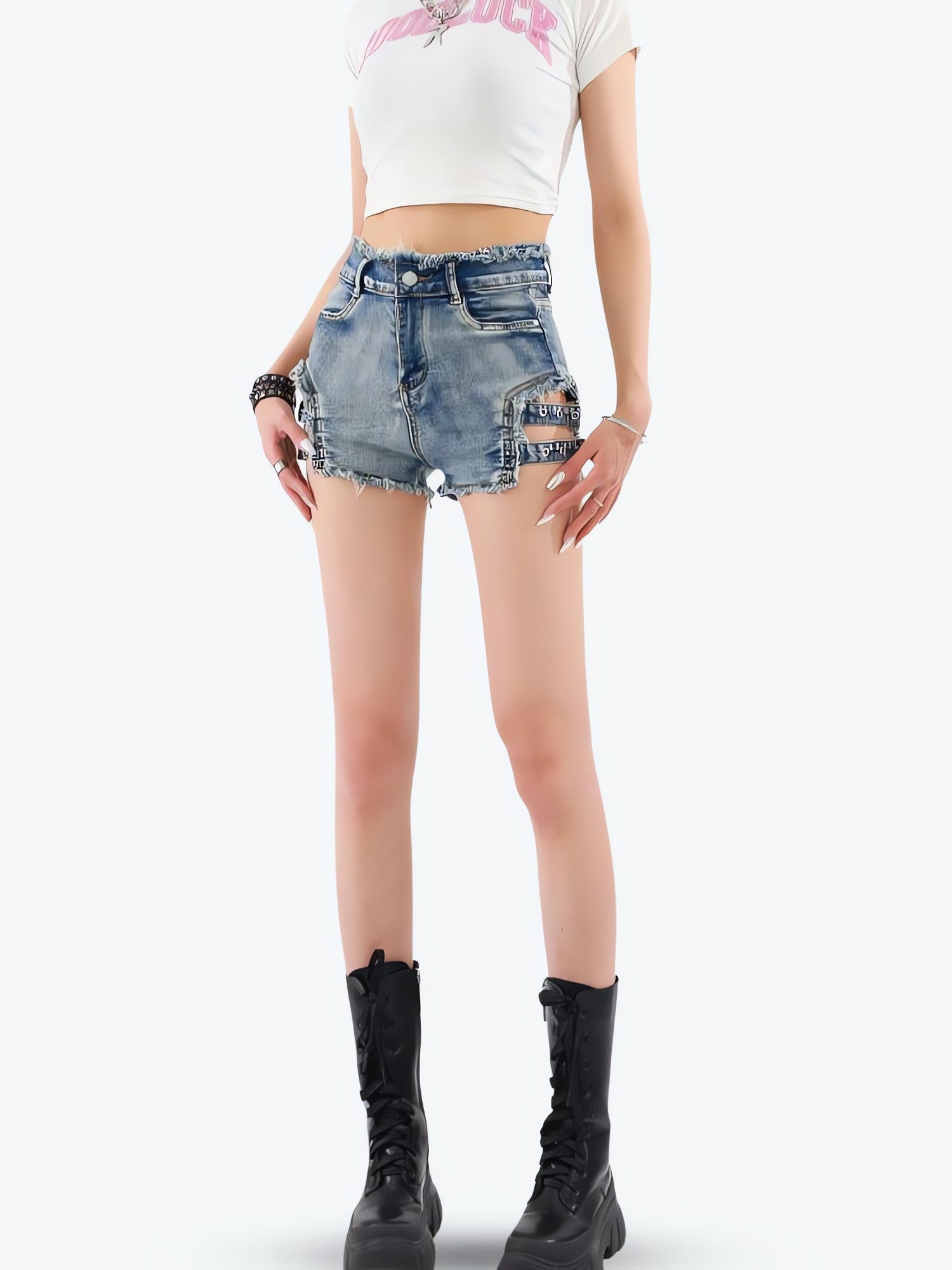 Distressed Cut Out Denim Shorts - KAYSMAR