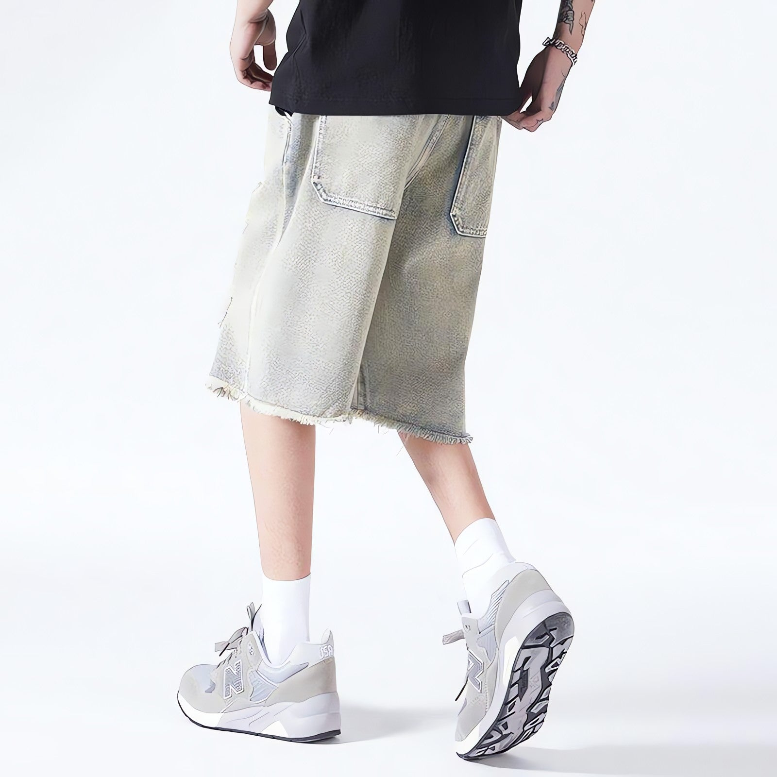 Distressed Light Wash Denim Shorts - KAYSMAR
