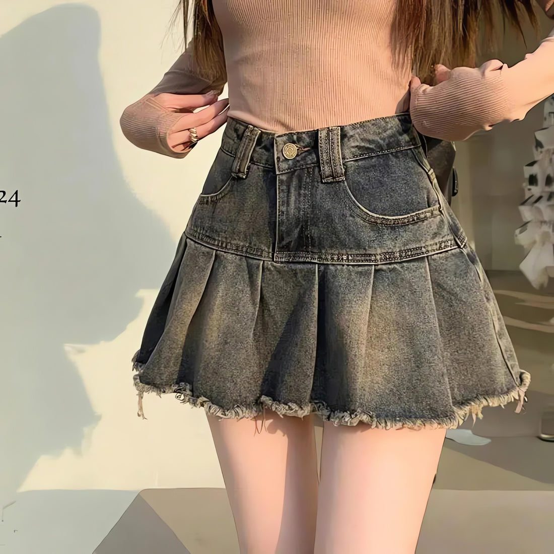 Distressed Pleated Denim Mini Skirt - KAYSMAR