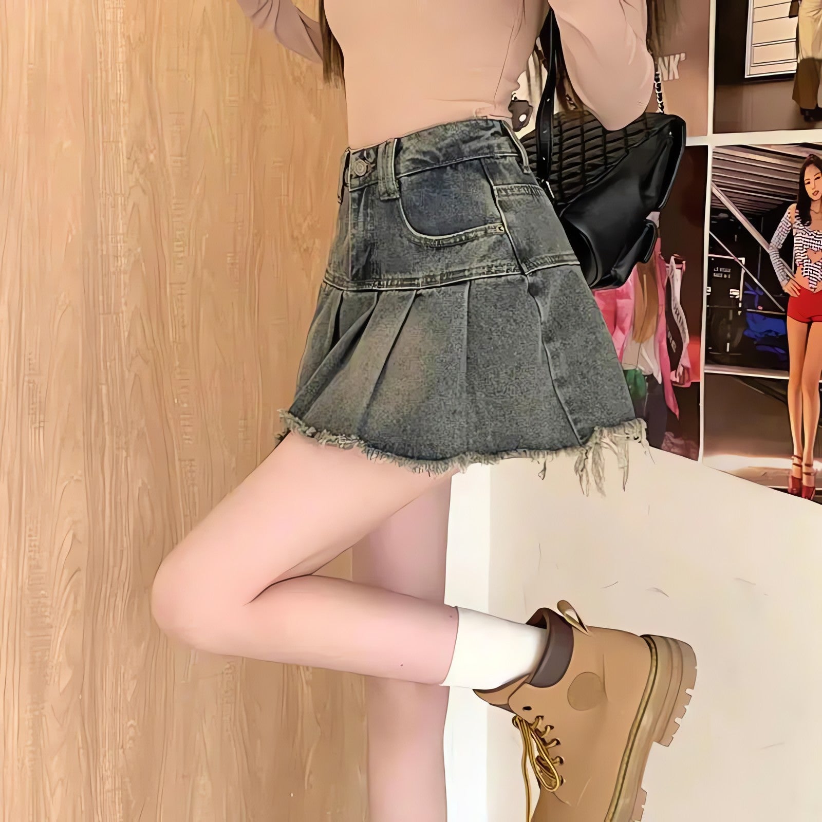 Distressed Pleated Denim Mini Skirt - KAYSMAR