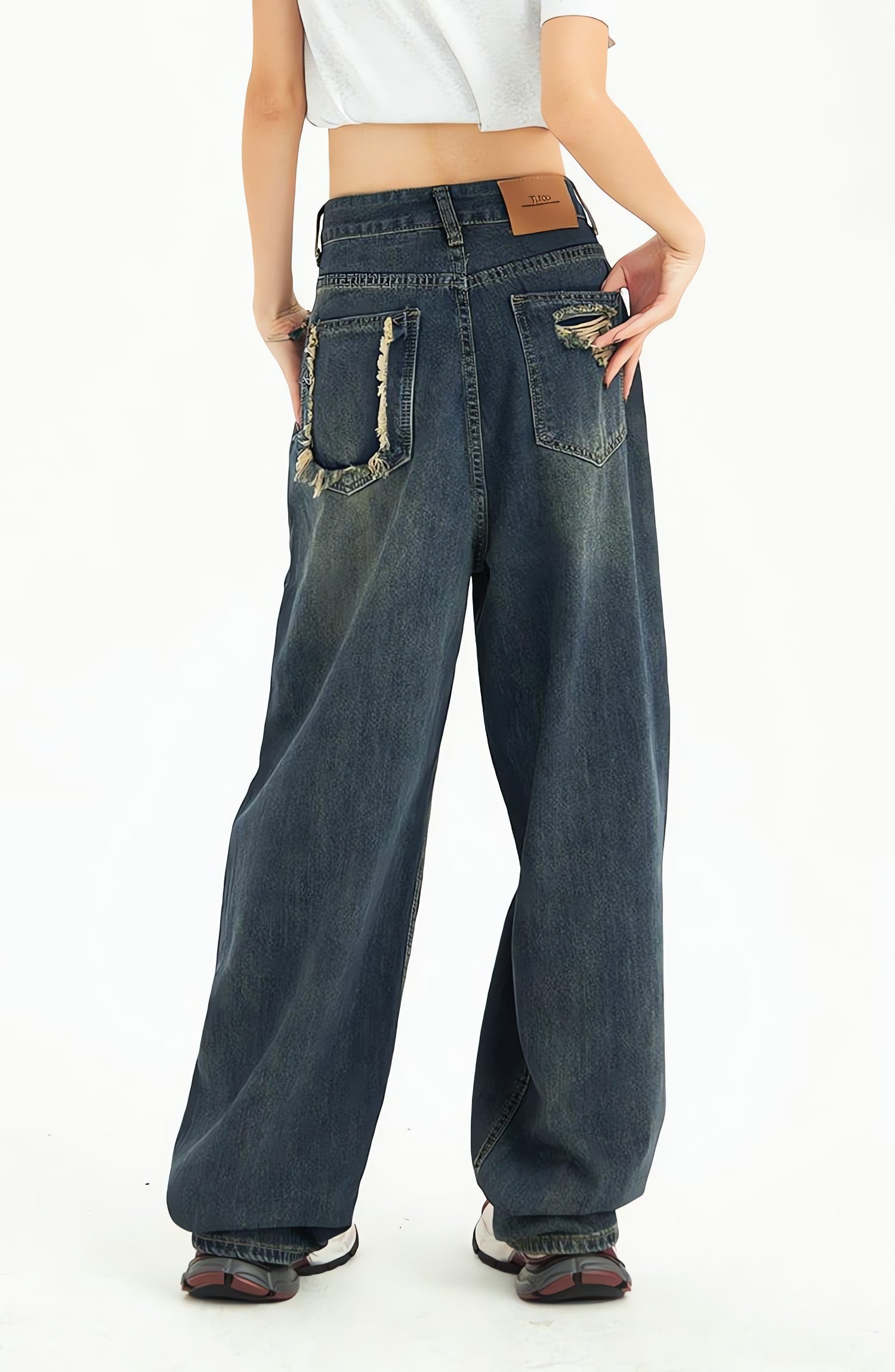 Distressed Pockets Wide Leg Baggy Jeans - KAYSMAR