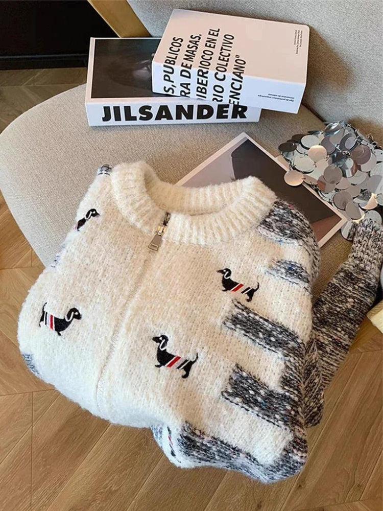 Dog Embroidered Double Zip-Up Knitted Cardigan - KAYSMAR