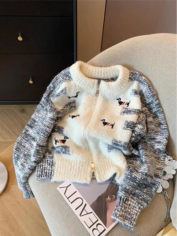 Dog Embroidered Double Zip-Up Knitted Cardigan - KAYSMAR