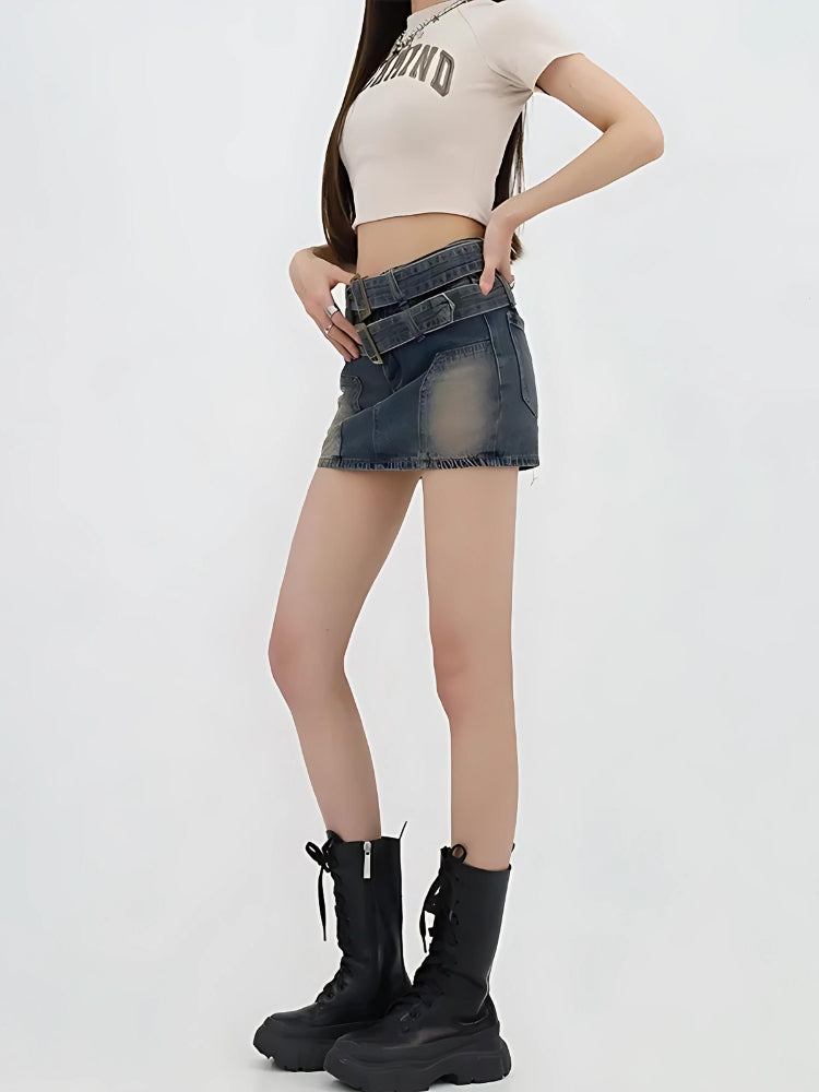 Double Belted Denim Mini Skort - KAYSMAR