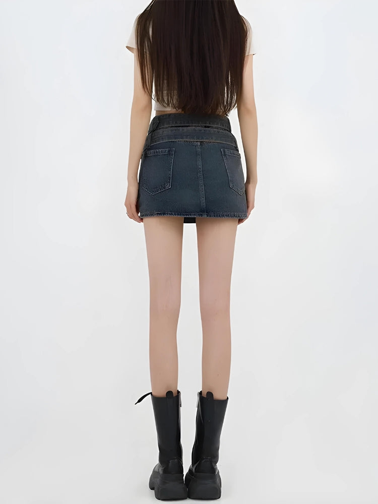 Double Belted Denim Mini Skort - KAYSMAR