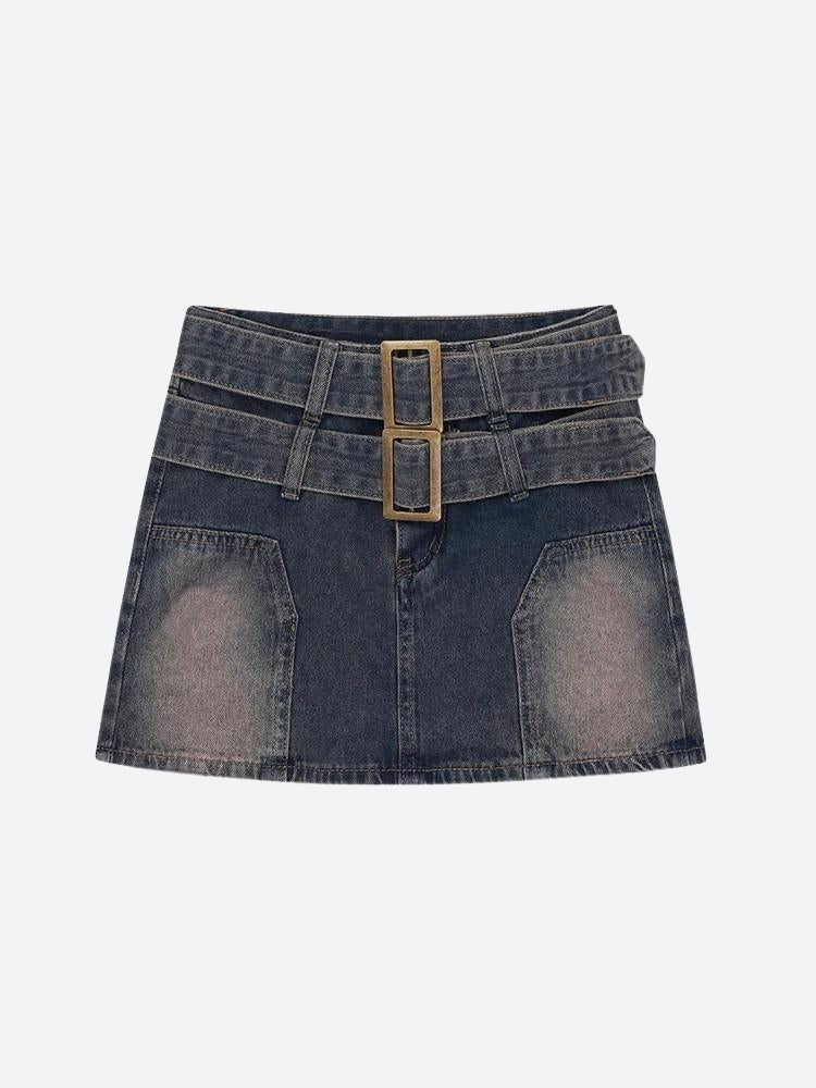 Double Belted Denim Mini Skort - KAYSMAR