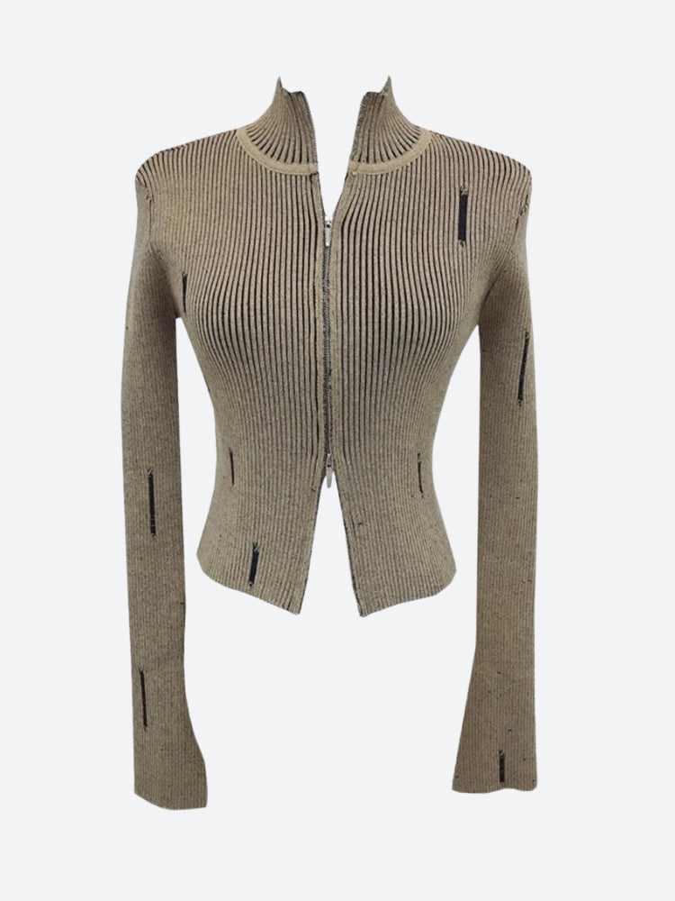 Double Zip-Up Distressed Corduroy Cardigan - KAYSMAR