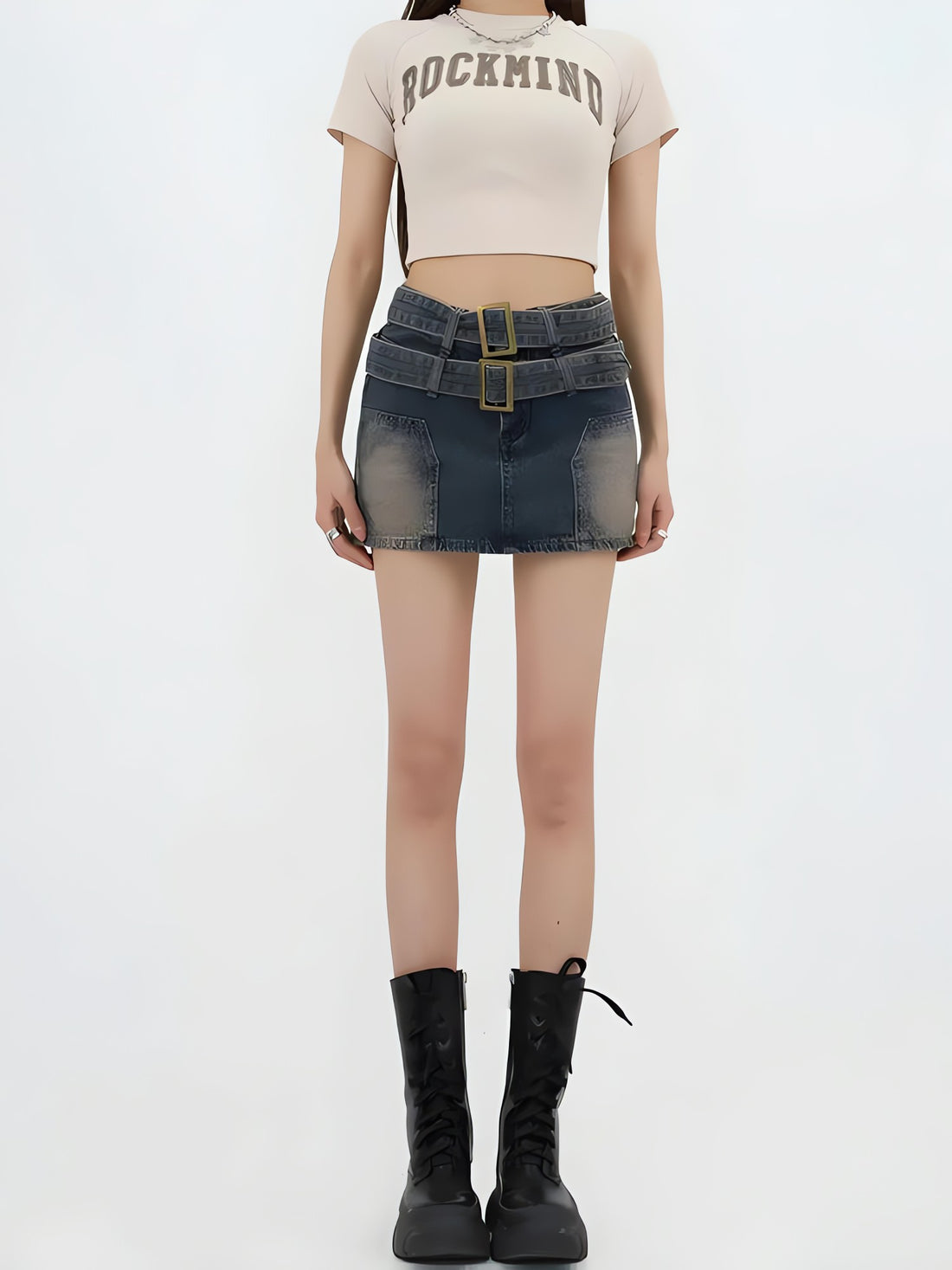 Double Belted Denim Mini Skort - KAYSMAR