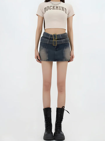 Double Belted Denim Mini Skort - KAYSMAR