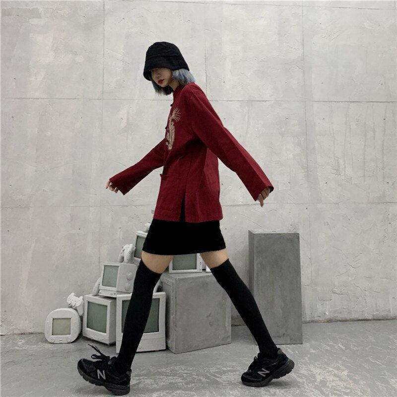 Dragon Embroidery Mandarin Collar Shirt - KAYSMAR