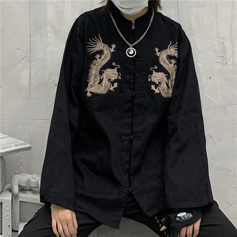 Dragon Embroidery Mandarin Collar Shirt - KAYSMAR