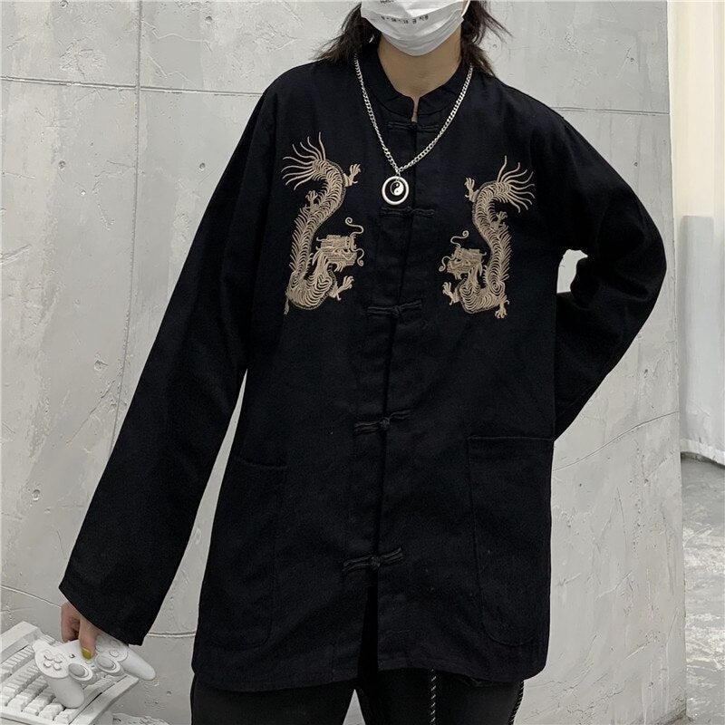 Dragon Embroidery Mandarin Collar Shirt - KAYSMAR