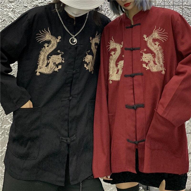 Dragon Embroidery Mandarin Collar Shirt - KAYSMAR