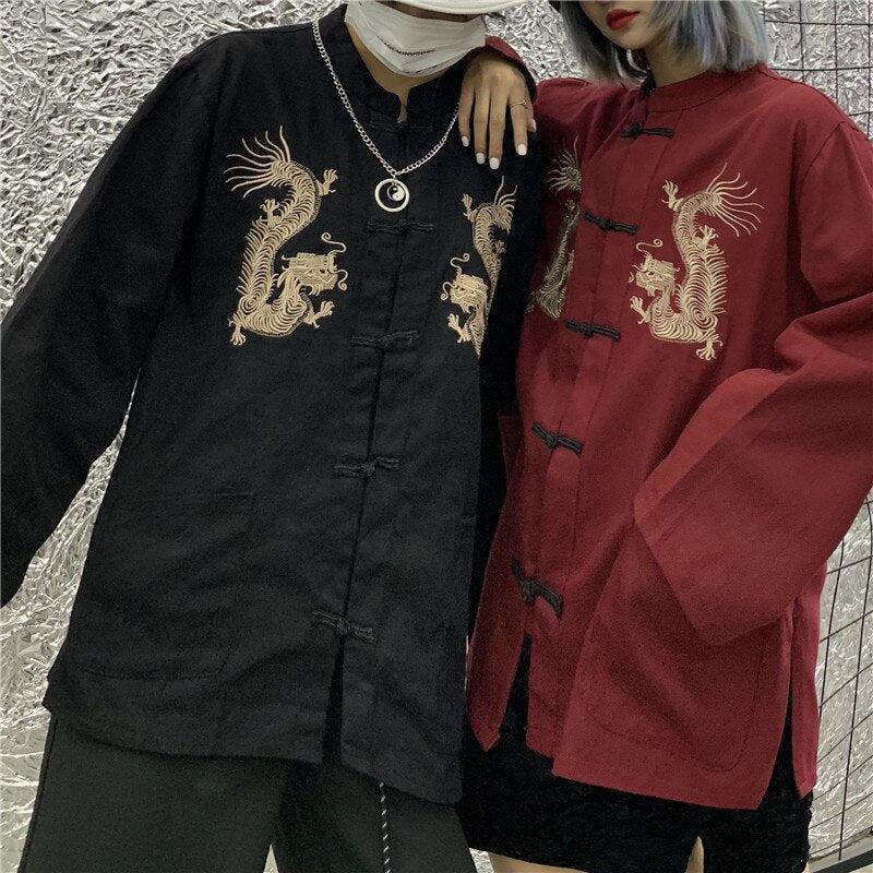 Dragon Embroidery Mandarin Collar Shirt - KAYSMAR
