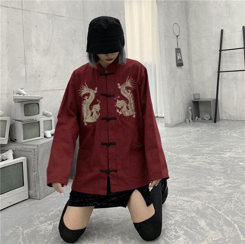 Dragon Embroidery Mandarin Collar Shirt - KAYSMAR